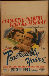 4f0078 PRACTICALLY YOURS WC 1944 art of Claudette Colbert hugging Air Force pilot Fred MacMurray!