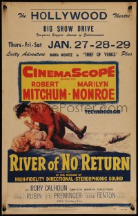 4f0081 RIVER OF NO RETURN WC 1954 great artwork of Robert Mitchum holding down sexy Marilyn Monroe!
