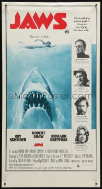4g0403 JAWS Aust special poster 1975 different layout with cast & shark attacking swimmer, rare!