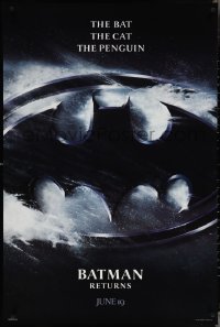 4g0801 BATMAN RETURNS teaser 1sh 1992 Burton, Keaton, The Bat, The Cat, The Penguin, logo design!