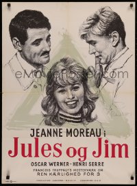 4g0004 JULES & JIM Danish 1963 Truffaut, Viles art of Jeanne Moreau, Oskar Werner & Serre, rare!