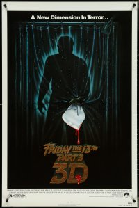 4g0872 FRIDAY THE 13th PART 3 - 3D 1sh 1982 slasher sequel, art of Jason stabbing through shower!