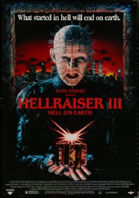 4g0158 HELLRAISER III: HELL ON EARTH 27x39 video poster 1992 Clive Barker, Pinhead holding cube!