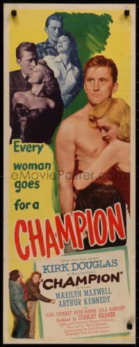 4g0521 CHAMPION insert 1949 boxer Kirk Douglas with Marilyn Maxwell & Ruth Roman, boxing classic!