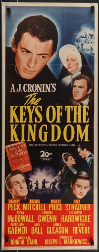 4g0537 KEYS OF THE KINGDOM insert 1944 Gregory Peck, Vincent Price, Thomas Mitchell, Roddy McDowall!