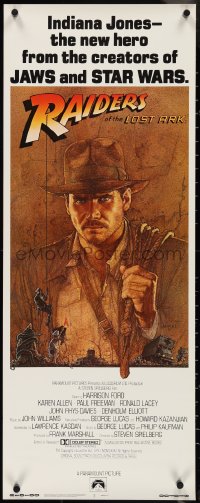 4g0552 RAIDERS OF THE LOST ARK int'l insert 1981 art of adventurer Harrison Ford by Richard Amsel!