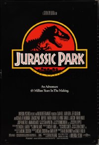 4g0922 JURASSIC PARK 1sh 1993 Steven Spielberg, classic logo with T-Rex over red background!