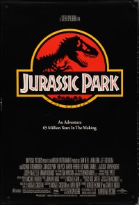 4g0924 JURASSIC PARK DS 1sh 1993 Steven Spielberg, classic logo with T-Rex over red background