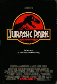 4g0925 JURASSIC PARK advance 1sh 1993 Steven Spielberg, classic logo with T-Rex over red background
