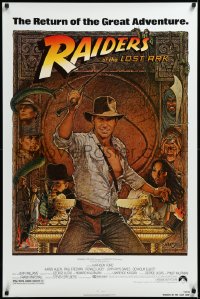 4g0994 RAIDERS OF THE LOST ARK 1sh R1982 great Richard Amsel art of adventurer Harrison Ford!