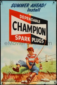 4g0172 CHAMPION SPARK PLUGS 28x42 advertising poster 1951 Summer ahead, great art of boy fishing!