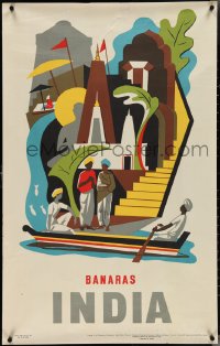 4g0228 INDIA 25x39 Indian travel poster 1957 cool colorful art of rowing through Banaras!