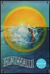 4g0231 PAN AM HAWAII 28x42 travel poster 1960s image of surfer riding wave in the sun, ultra rare!