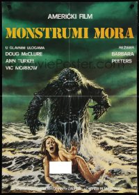 4g0460 HUMANOIDS FROM THE DEEP Yugoslavian 19x27 1981 art of Monster looming over sexy girl in surf!