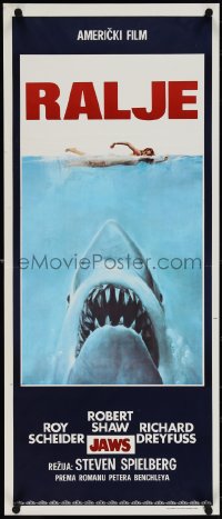 4g0513 JAWS Yugoslavian 14x32 1975 Spielberg's man-eating shark attacking swimmer, Ralje!