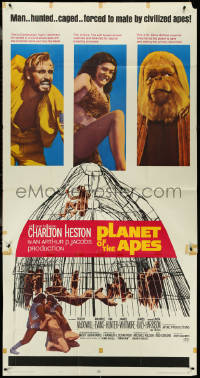 4j0328 PLANET OF THE APES 3sh 1968 Charlton Heston sci-fi classic, top stars & caged humans!