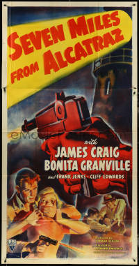 4j0335 SEVEN MILES FROM ALCATRAZ 3sh 1942 art of James Craig escaping prison, Granville, ultra rare!