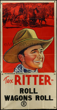 4j0344 TEX RITTER 3sh 1940s great art of the singing cowboy star, Roll Wagons Roll!