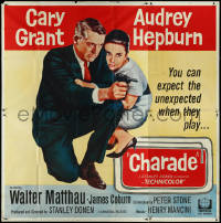 4j0264 CHARADE 6sh 1963 completely different c/u image of Cary Grant & sexy Audrey Hepburn, rare!