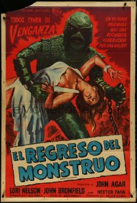 4j0371 REVENGE OF THE CREATURE Argentinean 1957 different art of monster holding sexy girl, rare!