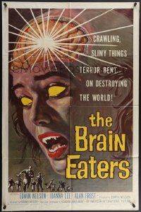 4j0866 BRAIN EATERS 1sh 1958 AIP, classic close-up sci-fi horror art of girl's brain exploding!