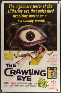 4j0889 CRAWLING EYE 1sh 1958 classic art of the slithering eyeball monster & sexy female victim!