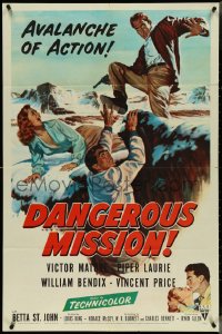 4j0893 DANGEROUS MISSION 1sh 1954 Victor Mature, Piper Laurie, an avalanche of action!