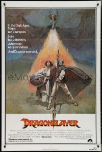 4j0918 DRAGONSLAYER 1sh 1981 cool Jeff Jones fantasy artwork of Peter MacNicol w/spear & dragon!