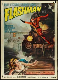 4j0109 FLASHMAN Italian 1p 1967 art of wacky Italian superhero saving sexy girl on train tracks!