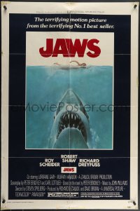4j1010 JAWS 1sh 1975 art of Spielberg's classic man-eating shark attacking naked swimmer!