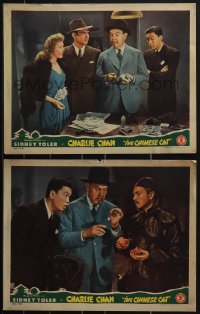 4j0711 CHINESE CAT 2 LCs 1944 Fong watches Sidney Toler as Charlie Chan with gun and clue!