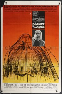 4j1093 PLANET OF THE APES 1sh 1968 Charlton Heston, classic sci-fi, cool art of caged humans!