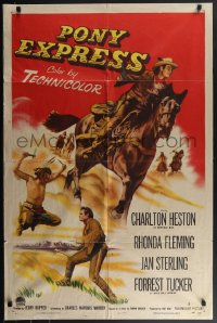 4j1099 PONY EXPRESS 1sh 1953 great art of Charlton Heston as Buffalo Bill on horseback!
