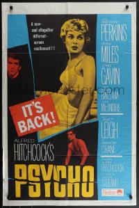 4j1106 PSYCHO 1sh R1965 half-dressed Janet Leigh, Anthony Perkins, Alfred Hitchcock classic!
