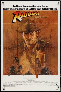 4j1111 RAIDERS OF THE LOST ARK 1sh 1981 Steven Spielberg, great Richard Amsel art of Harrison Ford!