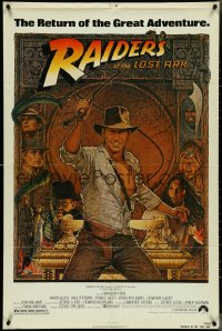 4j1112 RAIDERS OF THE LOST ARK 1sh R1982 great Richard Amsel art of adventurer Harrison Ford!