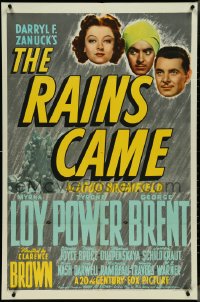 4j1114 RAINS CAME style B 1sh 1939 art of Myrna Loy, Tyrone Power & George Brent in India!