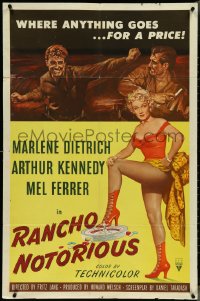 4j1115 RANCHO NOTORIOUS 1sh 1952 Fritz Lang, art of sexy Marlene Dietrich showing her legs!