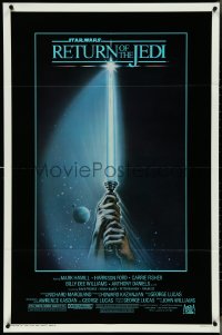 4j1118 RETURN OF THE JEDI 1sh 1983 George Lucas, art of hands holding lightsaber by Reamer!