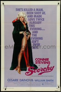 4j1138 SCORCHY 1sh 1976 full-length art of sexiest barely-dressed Connie Stevens in black cape!
