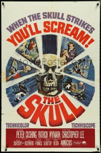 4j1150 SKULL 1sh 1965 Peter Cushing, Christopher Lee, cool horror artwork of creepy skull!