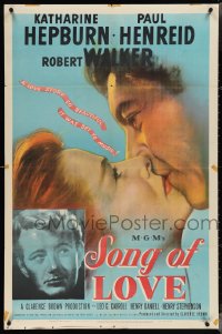 4j1155 SONG OF LOVE 1sh 1947 art of Katharine Hepburn & Paul Henreid kissing + Robert Walker!