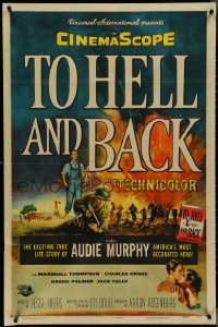 4j1195 TO HELL & BACK 1sh 1955 Audie Murphy's life story as soldier in World War II, Brown art!