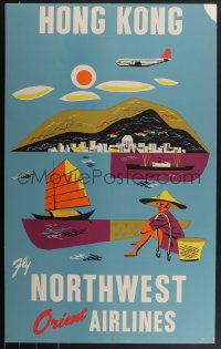 4j0019 NORTHWEST ORIENT AIRLINES HONG KONG 23x37 FOAMCORE MOUNTED travel poster 1950s ultra rare!