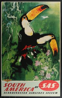 4j0022 SAS SOUTH AMERICA 25x39 Danish FOAMCORE MOUNTED travel poster 1950s art of toucans by Nielsen