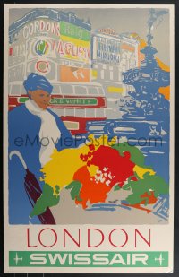 4j0023 SWISSAIR LONDON 25x40 Swiss FOAMCORE MOUNTED travel poster 1951 Piccadilly Circus, ultra rare