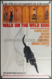 4j1214 WALK ON THE WILD SIDE 1sh 1962 cool artwork of black cat on stairs & sexy stars on balcony!