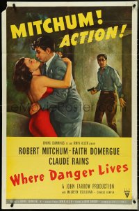 4j1220 WHERE DANGER LIVES 1sh 1950 Robert Mitchum holding Faith Domergue + Rains w/gun