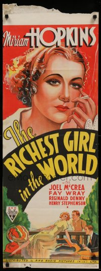 4k0362 RICHEST GIRL IN THE WORLD long Aust daybill 1934 great litho art of smoking Miriam Hopkins!