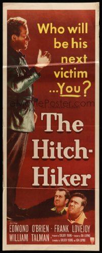 4k0262 HITCH-HIKER insert 1953 different image of man w/upraised thumb, who will be his next victim!
